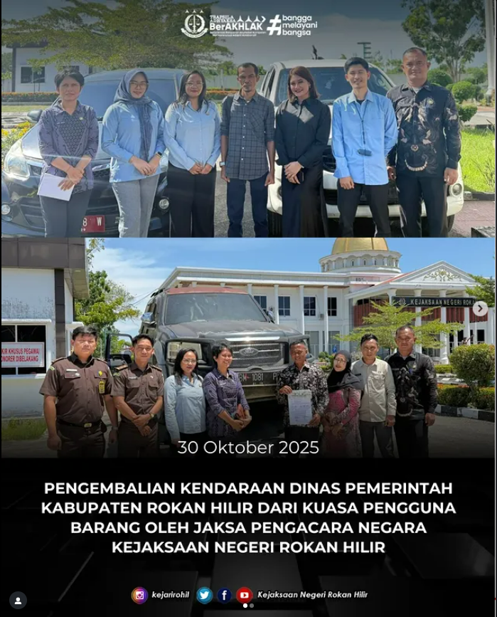 Kejaksaan Negeri Rokan Hilir melalui Bidang Perdata dan Tata Usaha Negara (Datun) melaksanakan kegiatan pengembalian kendaraan dinas Pemerintah Kabupaten Rokan Hilir
