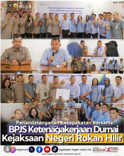 Kepala Kejaksaan Negeri Rokan Hilir Bapak Firdaus, S.H., M.Hum, M.M., M.Ikom beserta Jaksa Pengacara Negara (JPN) Bidang Datun Kejari Rohil melaksanakan Penandatanganan Kesepakatan Bersama antara BPJS Ketenagakerjaan Dumai dengan Kejaksaan Negeri Rokan Hilir